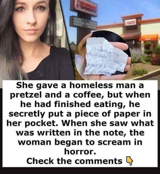 She buys homeless man meal & sits with him. He hands her crumpled note before leaving